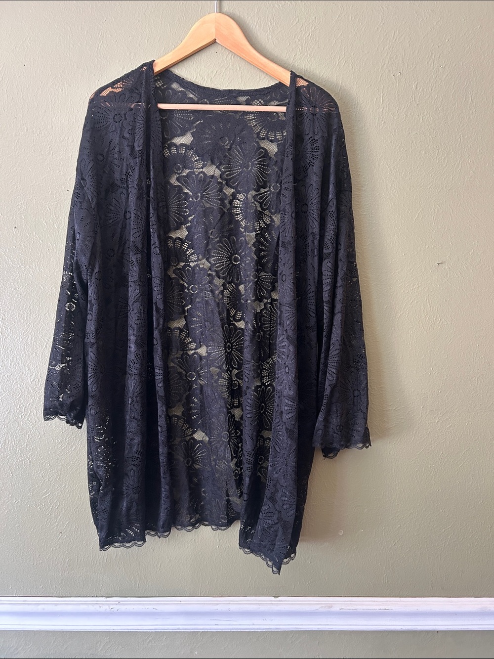 Lace Floral Kimono Cardigan Duster - Black